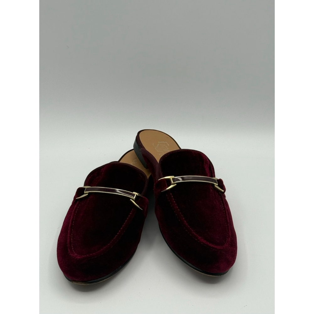 Franco Sarto Burgundy Velvet Mules 6.5M – Slip-On Loafers with Gold Bar Detail,